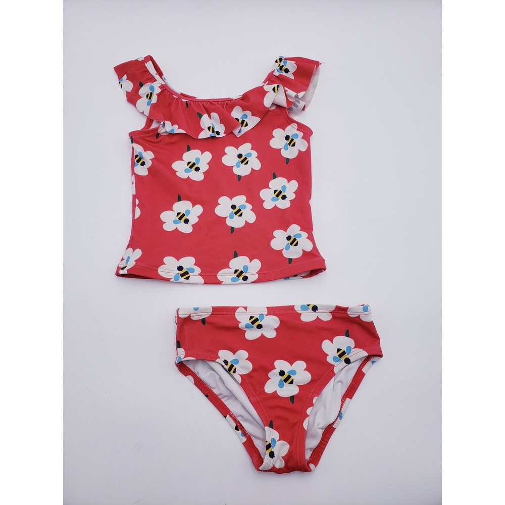 Hanna Andersson Tankini Swimsuit Red Floral Bee Ruffle Girls Size 6-7